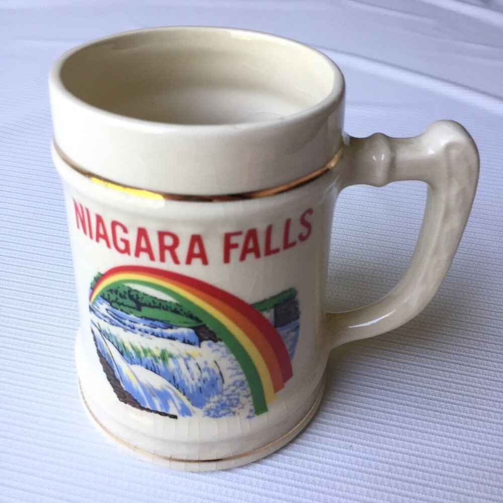 Niagara Falls Rainbow Large White Ceramic Souvenir Mug Cup Stein Vintage 80's
